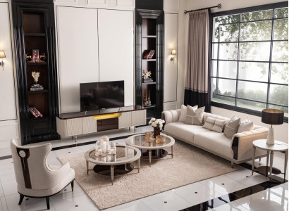 Living room set three-seater armchair fabric sofa 6-piece beige coffee tables